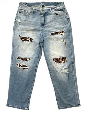 INC Denim Mid Rise Boyfriend Jeans 18W Distressed Leopard Print Plus Size